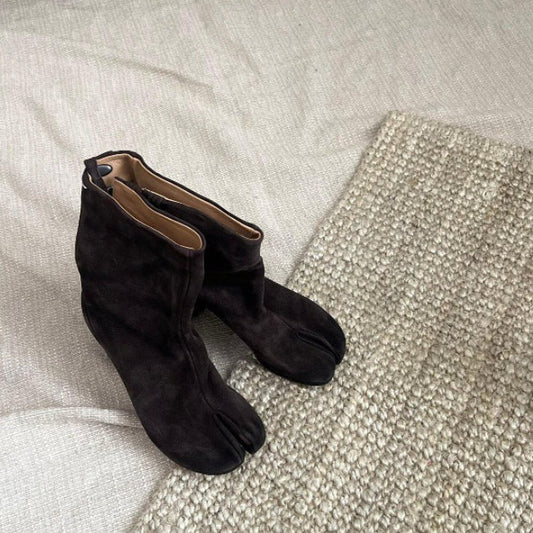Women’s Brown Split-Toe Ankle Boots with Chunky Heel