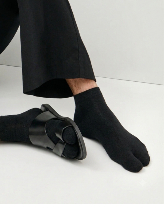 Black ankle split-toe, tabi socks worn on feet with black leather slide sandals and black trousers, shown on a clean white studio floor.