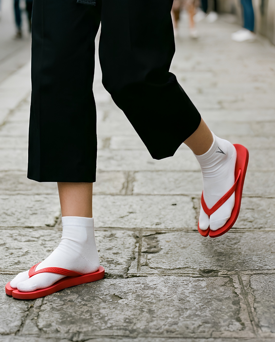 White V-Toe split-t
oe tabi socks worn with red flip-flops on a cobblestone street.