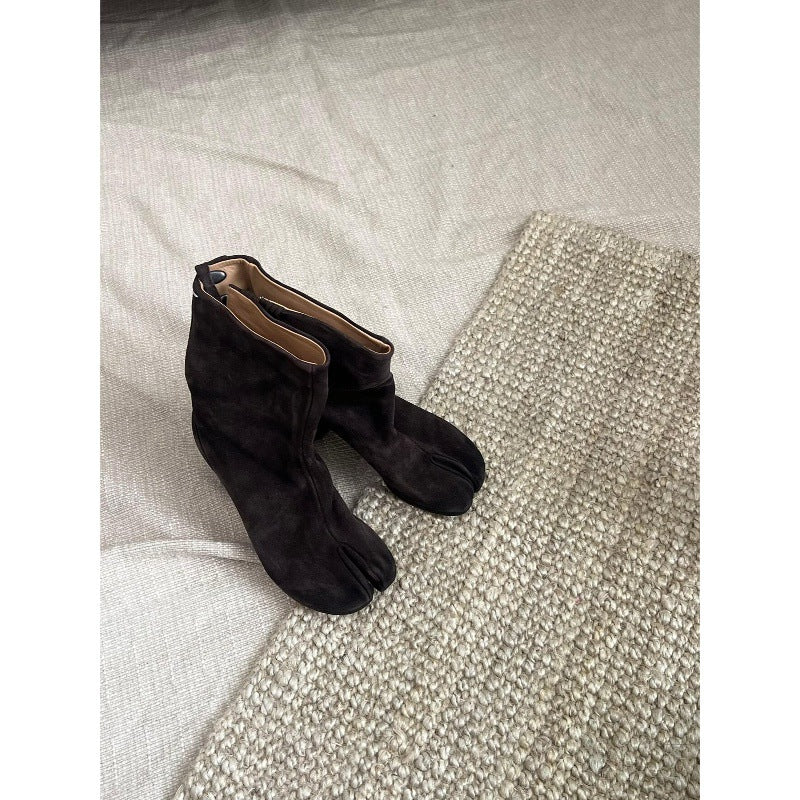 Women’s Brown Split-Toe Ankle Boots with Chunky Heel