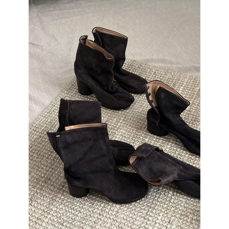 Women’s Brown Split-Toe Ankle Boots with Chunky Heel