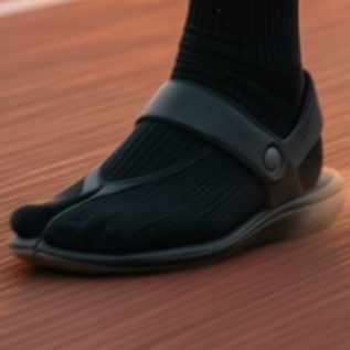 Runner mid-stride on a track at sunset wearing black V-Toe athletic split-toe tabi crew socks with black tabi sandals, city skyline behind.
