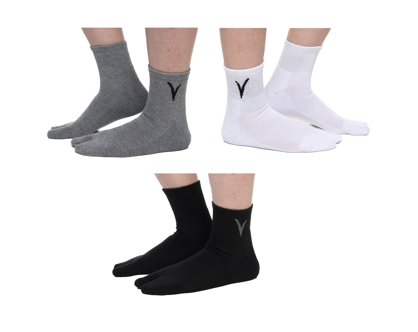 Black, white and grey V-Toe split-toe tabi mini-crew socks three-pair set
