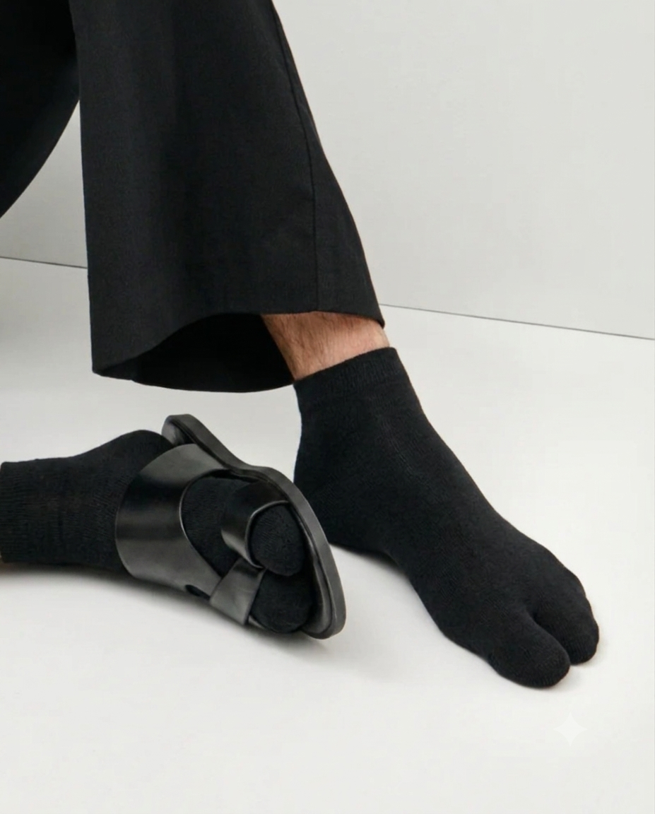 Black ankle split-toe, tabi socks worn on feet with black leather slide sandals and black trousers, shown on a clean white studio floor.