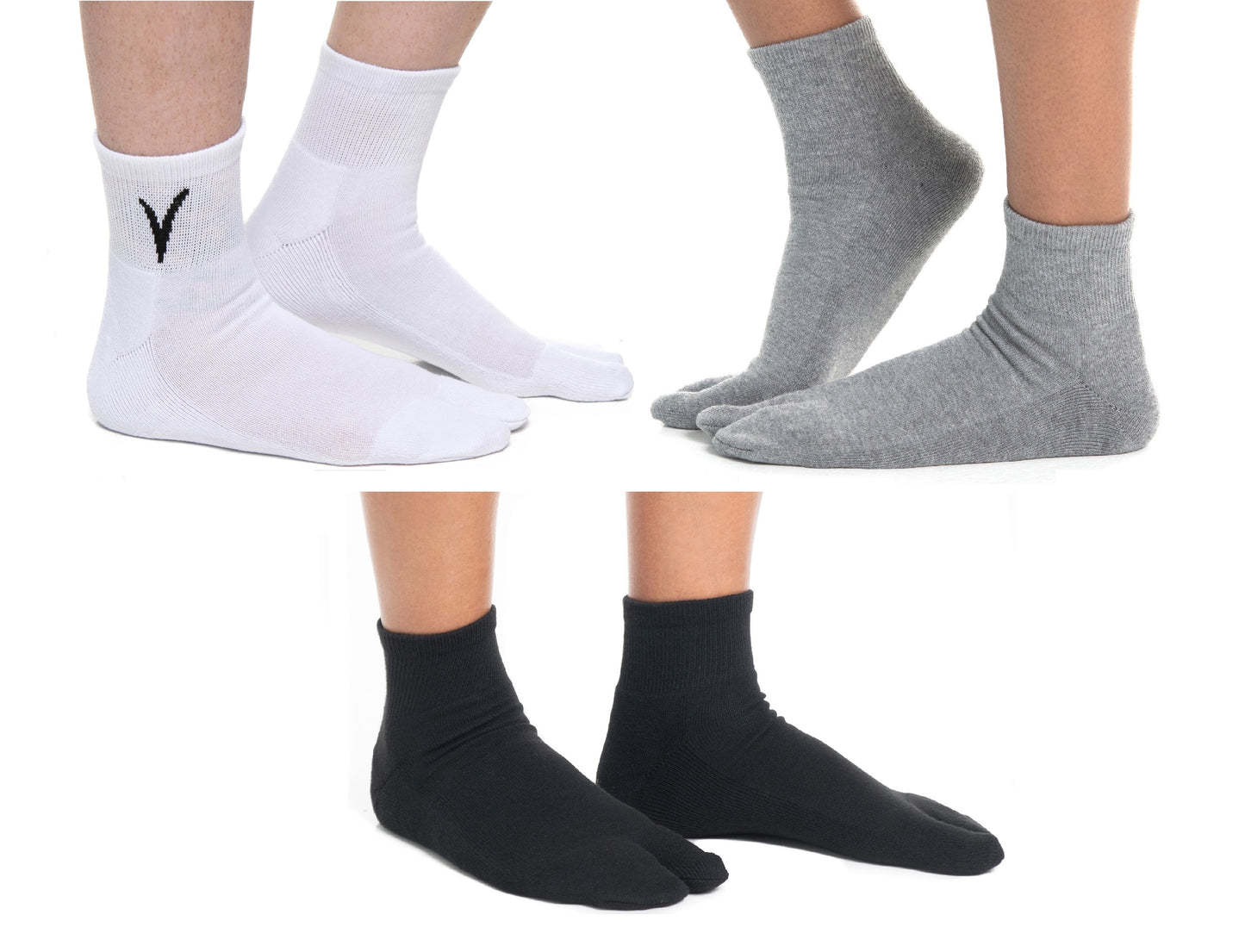 Black, white and grey V-Toe split-toe tabi mini-crew socks three-pair set