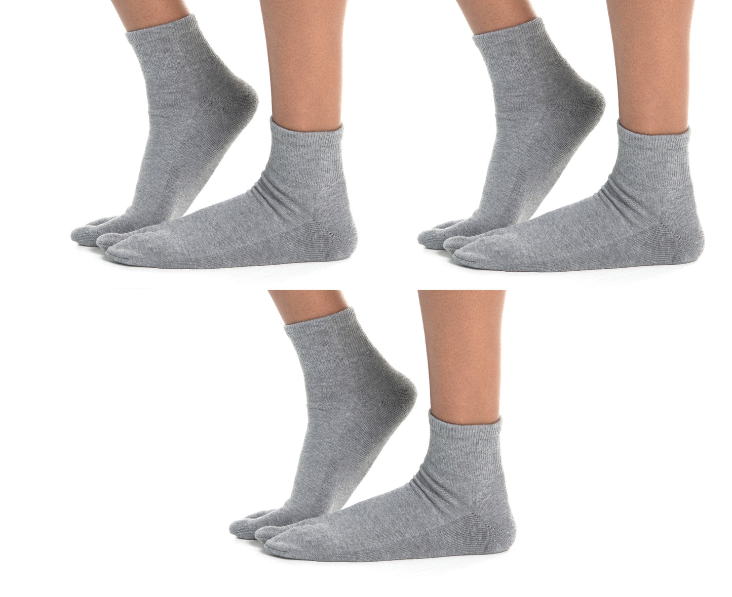 Close-up of grey V-Toe split-toe tabi mini-crew socks worn on the feet