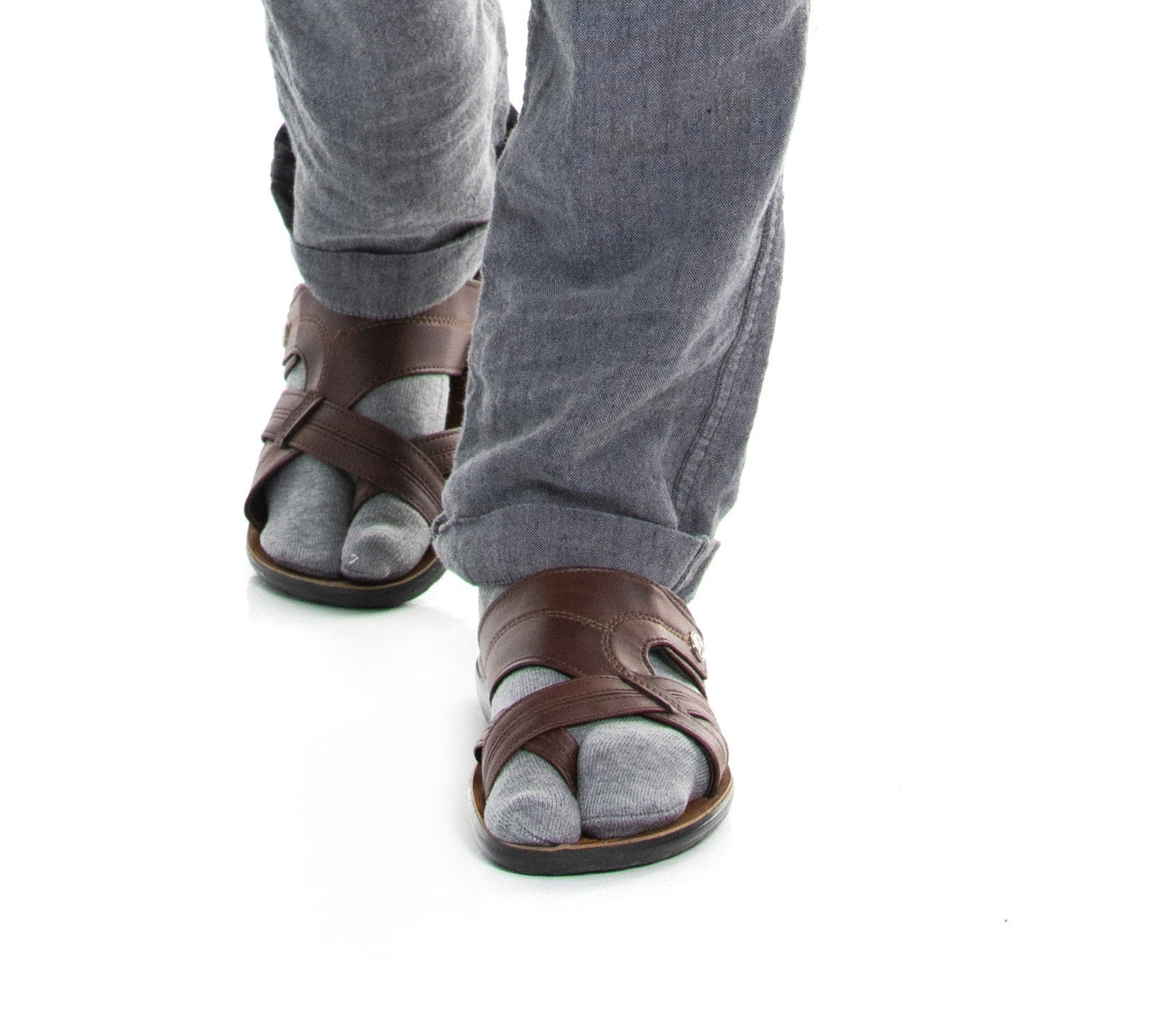 Close-up of grey V-Toe athletic split-toe tabi mini-crew socks worn on the feet