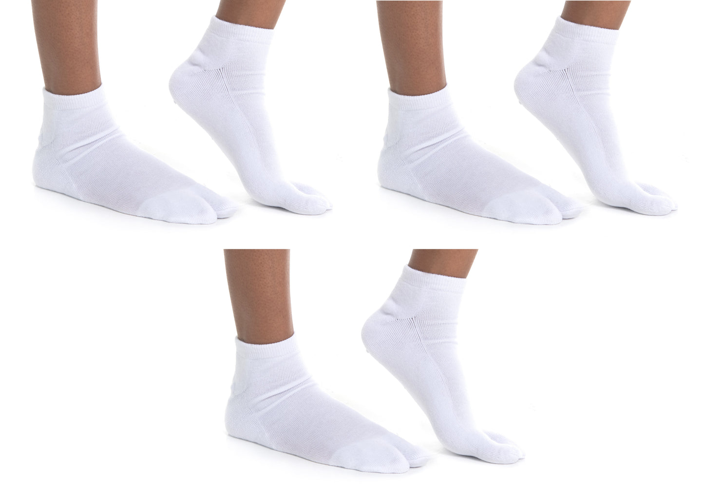 Close-up of white V-Toe athletic split-toe sock on foot