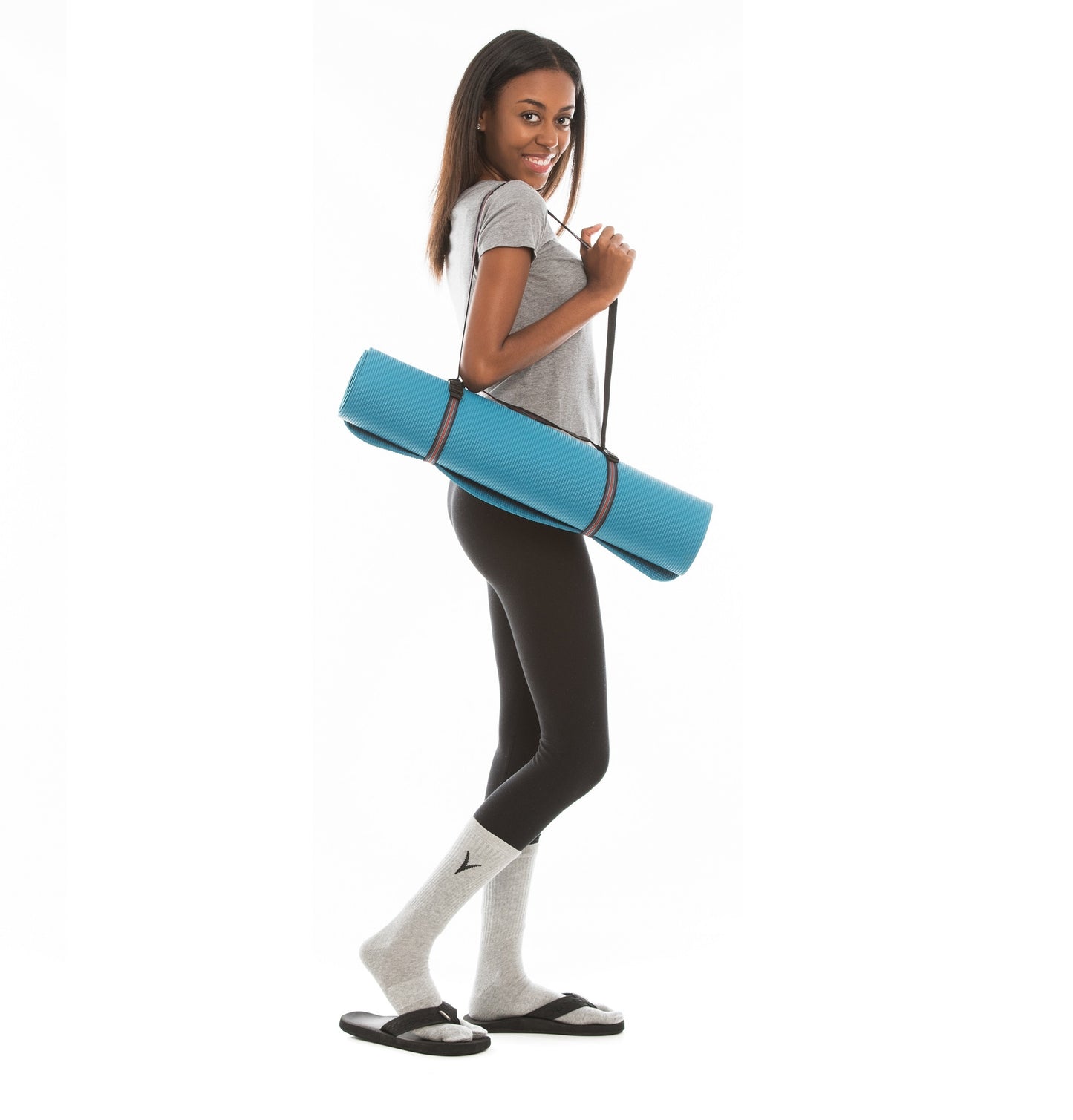 Girl wearing grey V-Toe athletic split-toe tabi crew socks