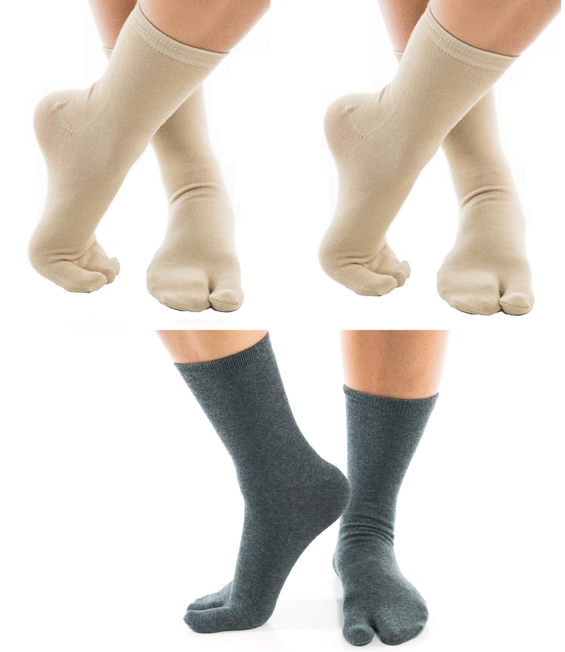 Grey and khaki V-Toe split-toe tabi crew socks two-pair set