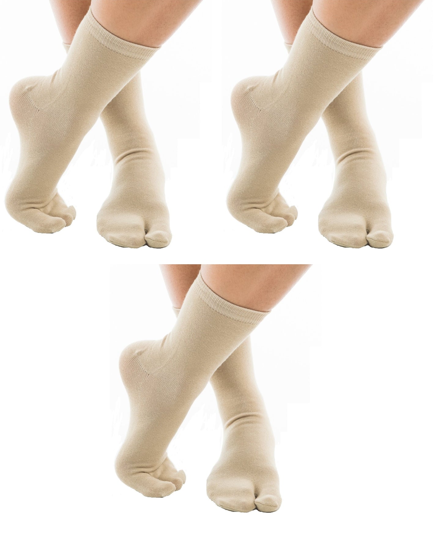 3 Pairs - Split-Toe Tabi Socks Black, White, and Khaki Options Solid Casual Crew