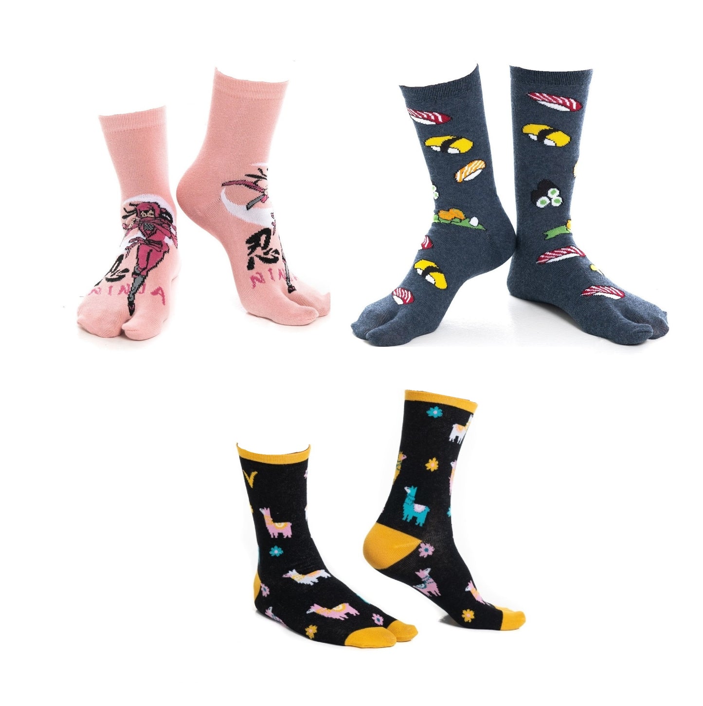 V-Toe Tabi Fun Pattern Socks - Ninja & Sushi - 3 Pairs | Unisex