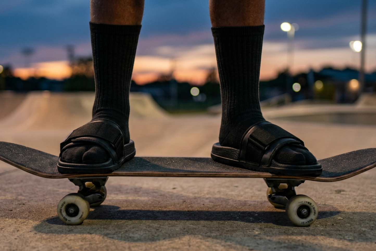 A person standing on a skateboard at a skatepark during dusk, wearing black crew Tabi Split-Toe, V-Toe socks and black slide sandals. The skateboard is positioned horizontally on the concrete ground.