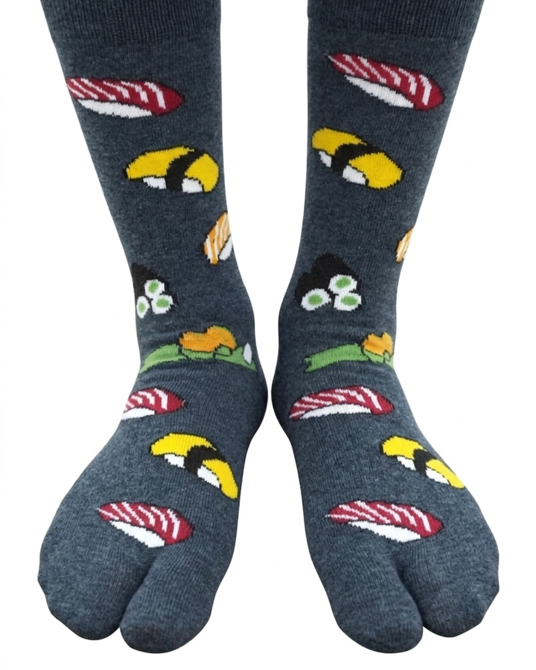Dark gray split-toe tabi crew socks with colorful sushi print, worn showing the divided big toe