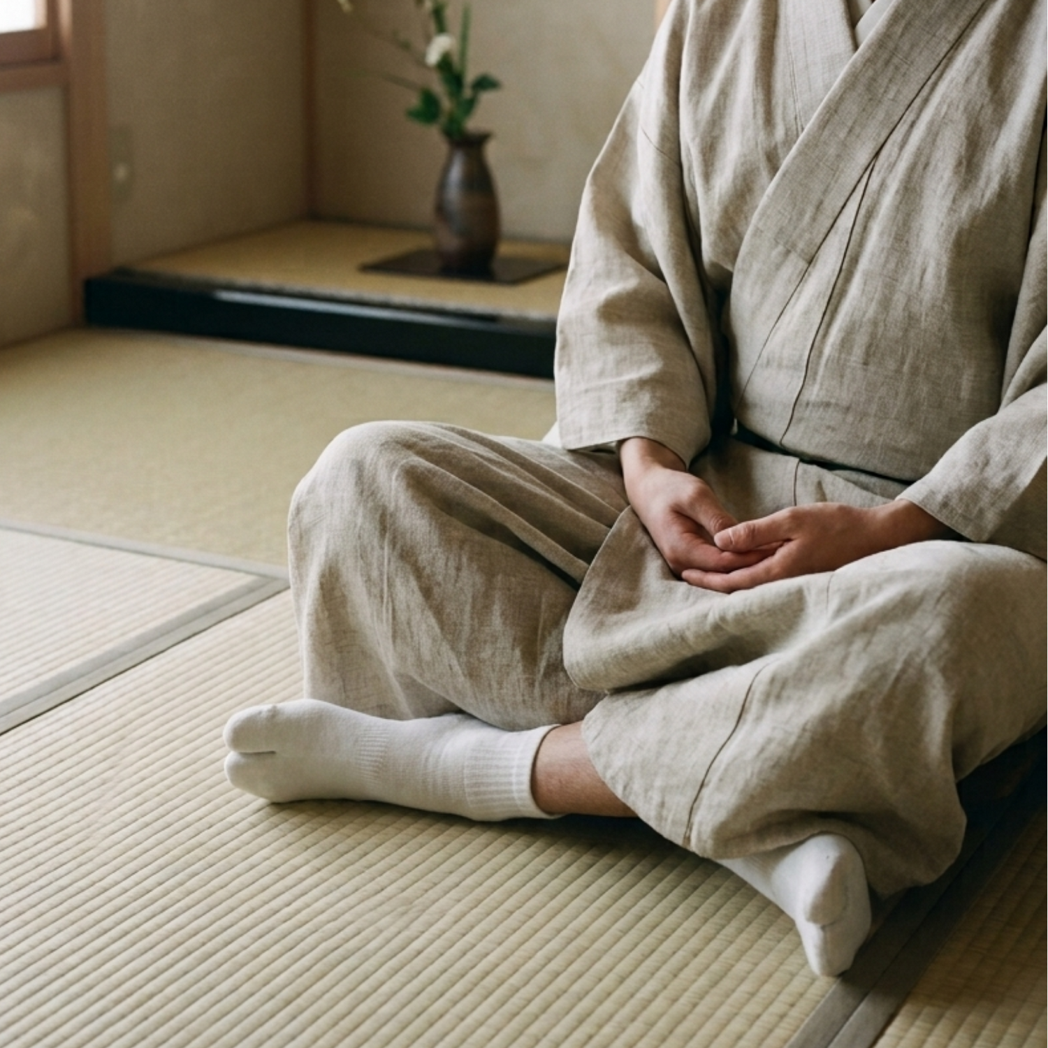 A person wearing a light beige linen yukata and white V-Toe Ankle Split-Toe, tabi socks sits cross-legged on a tatami mat floor in a traditional Japanese room.