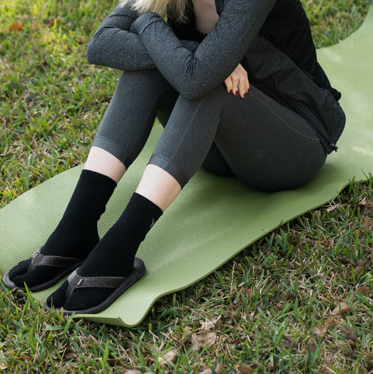 V-Toe athletic split-toe tabi crew socks on a yoga mat