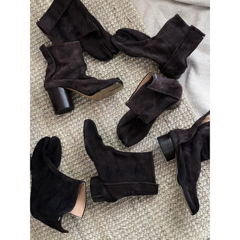 Women’s Brown Split-Toe Ankle Boots with Chunky Heel