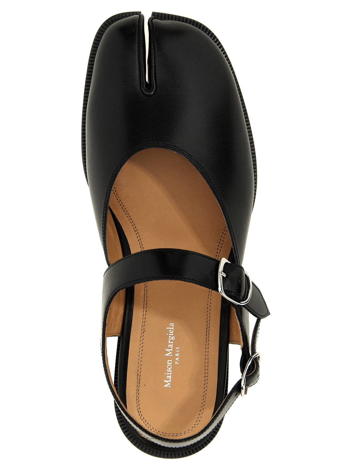 Black Tabi sandal with a strap on a white background. Viewing from the top  looking down angle
