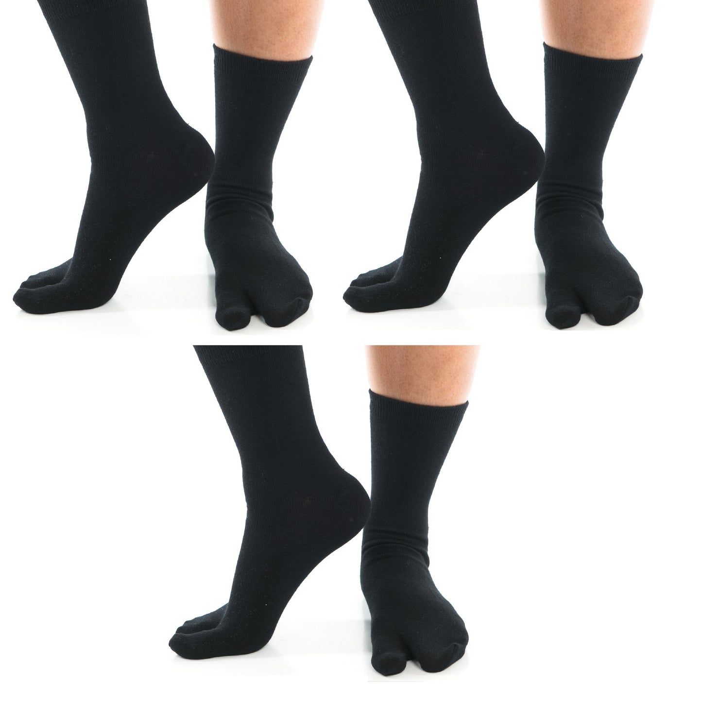 3 Pairs - Split-Toe Tabi Socks Black, White, and Khaki Options Solid Casual Crew
